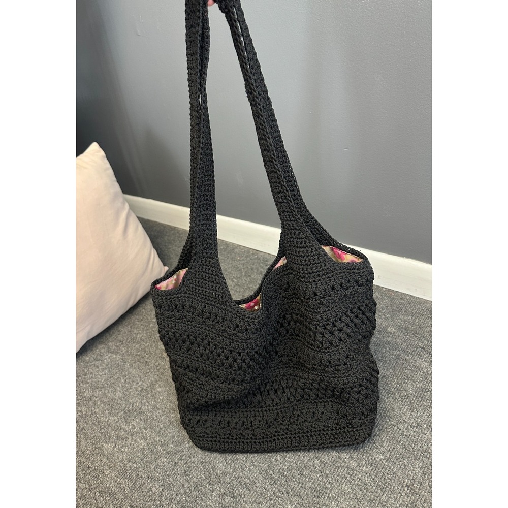 Lina Black Crochet Shoulder Bag Woven Boho Double Handle Slouchy Purse Handbag
